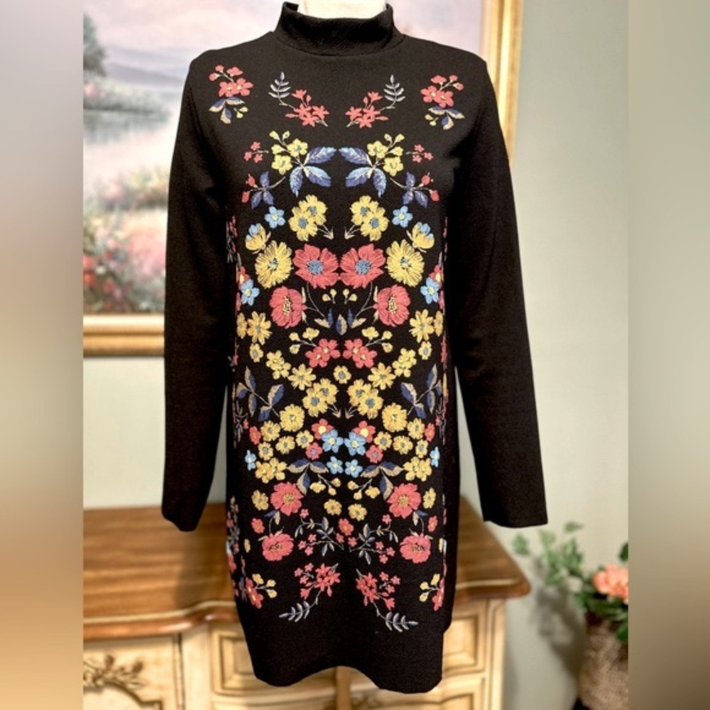 ZARA Black Red Blue Yellow Gold Metallic Floral Retro Shift Dress Medium